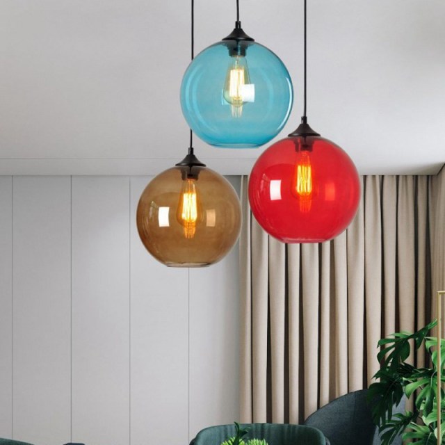 OOVOV Glass Pendant Light Modern Kitchen Pendant Lighting with Colored Lamp Shade Glass Hanging Pendant Ceiling Light Fixture for Living Room Bedroom