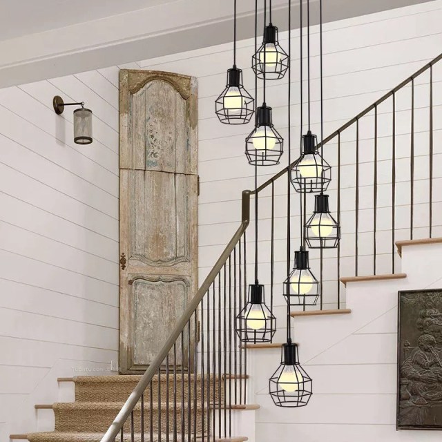 OOVOV Loft Retro Stairs Pendant Lamp Black Iron Industrial Style Restaurant Bar Cafe Duplex Stair Staircase Long Pendant Light