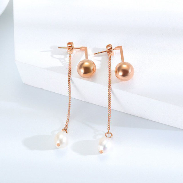 OOVOV Long Tassel Earrings Titanium Stainless Steel Inlaid Pearl Rose Gold Fashion Trendy Women Jewelry Gifts