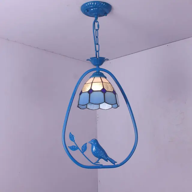 OOVOV Tiffany Hallway Pendant Light Blue Black Iron Birds Balcony Corridor Dining Room Pendent Lamp