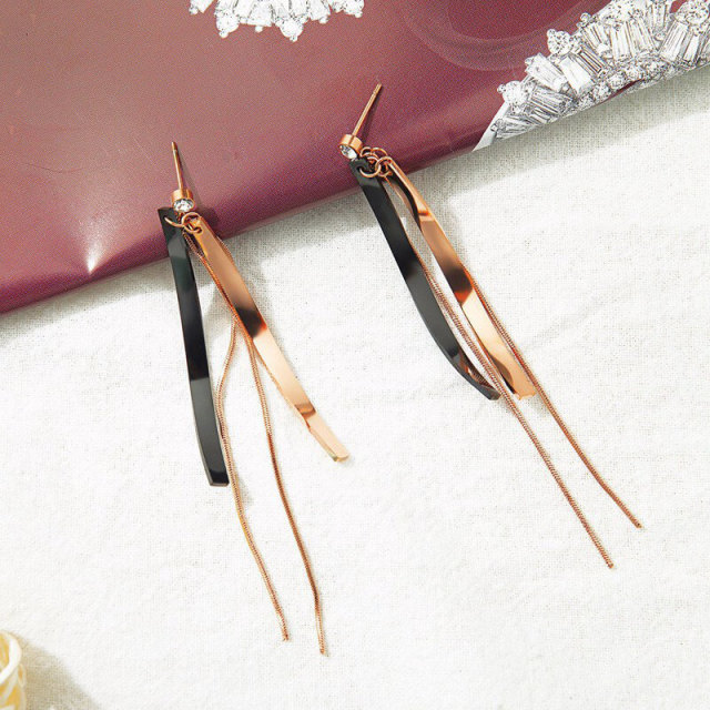 OOVOV Long Tassel Earrings Titanium Stainless Steel Inlaid Pearl Rose Gold Fashion Trendy Women Jewelry Gifts
