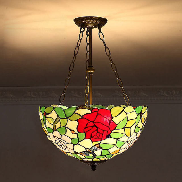 OOVOV Retro Tiffany Flower Anti-Chandelier 16&quot; Retro Glass Bedroom Study Room Restaurant Pendant Light Lamp Fixtures