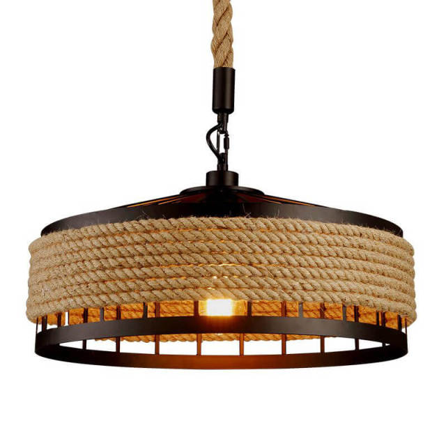 OOVOV Industrial Hanging Lamp Pendant Light Vintage Metal Round Rustic Country Style Ceiling Lamp Hemp Rope Hanging Lighting Fixture