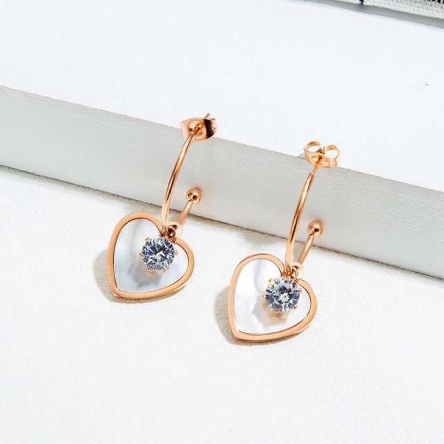 OOVOV Women Stainless Steel Zircon Shell C-shaped Earrings Titanium Steel Rose Gold Lady Stud Earrings