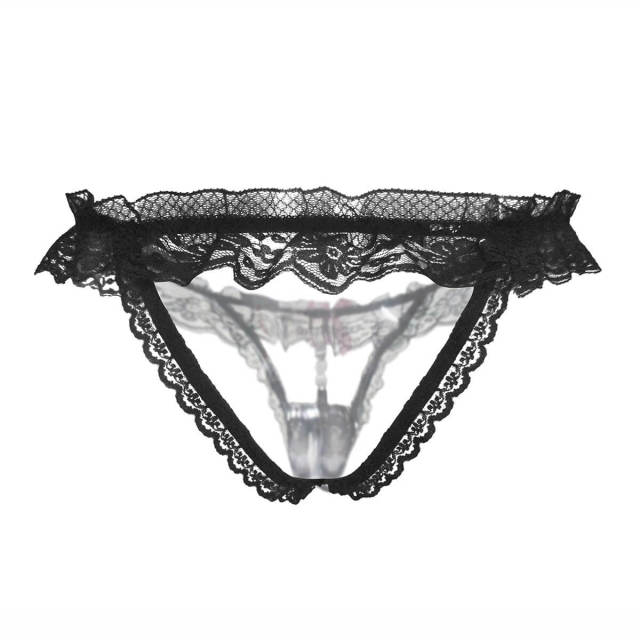 OOVOV Sexy Fun Underwear For Women Lace Bow String Pearl Open File Thong Sexy Temptation Hollow T-Pants