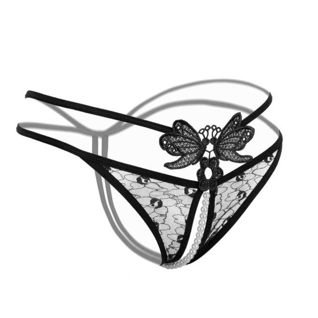 OOVOV 3 Pieces Sexy Lace Underpants Women Sexy Panties Open Crotch Imitation Pearl Massage Porn Lace Underwear Briefs