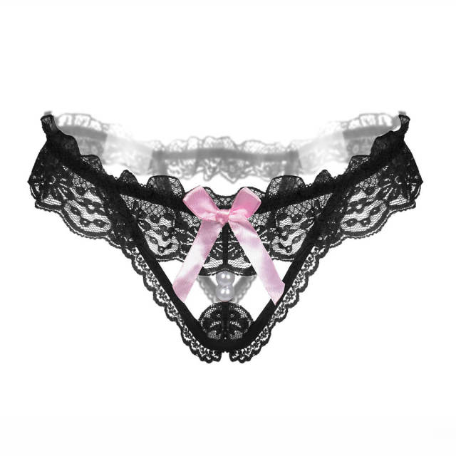 OOVOV Sexy Fun Underwear For Women Lace Bow String Pearl Open File Thong Sexy Temptation Hollow T-Pants