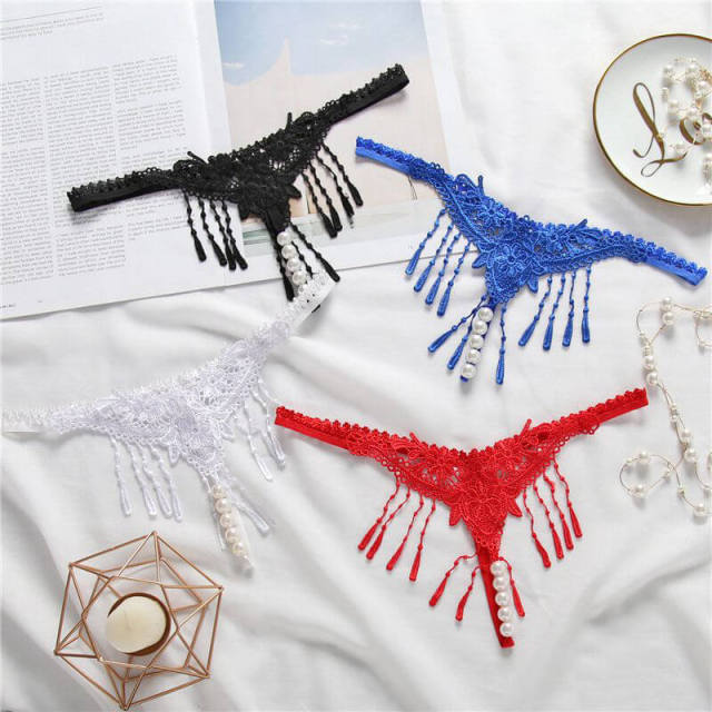 OOVOV Hollow Embroidery Tassel Sexy Lingerie Pearl Massage Transparent Low Waist Panties Sexy Thong Panties