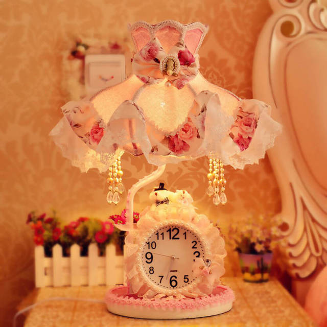 OOVOV Table Lamp Fabric Bedroom Desk Lamp Cute Cartoon Princess Room Table Lamps Kids Bedsides Desk Light With Clock