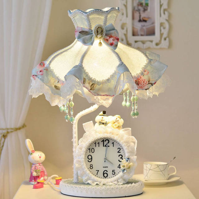 OOVOV Table Lamp Fabric Bedroom Desk Lamp Cute Cartoon Princess Room Table Lamps Kids Bedsides Desk Light With Clock