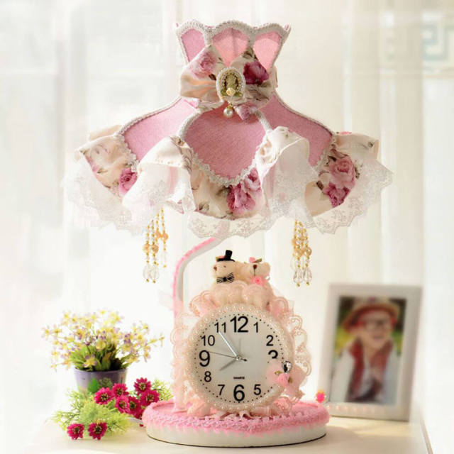 OOVOV Table Lamp Fabric Bedroom Desk Lamp Cute Cartoon Princess Room Table Lamps Kids Bedsides Desk Light With Clock