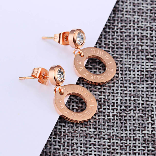 OOVOV Fashion Women Jewelry Zircon Roman Numeral Stud Earrings Titanium Steel Ear Studs for Women Gift Plating Rose Gold