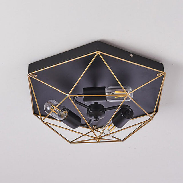 OOVOV 18 Inch Vintage Industrial Flush Mount Ceiling Light 3-Lights Metal Black Gold Cage Rustic Farmhouse Ceiling Lighting Fixture for Bedroom Dinin