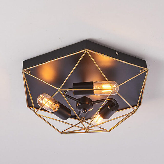 OOVOV 18 Inch Vintage Industrial Flush Mount Ceiling Light 3-Lights Metal Black Gold Cage Rustic Farmhouse Ceiling Lighting Fixture for Bedroom Dinin