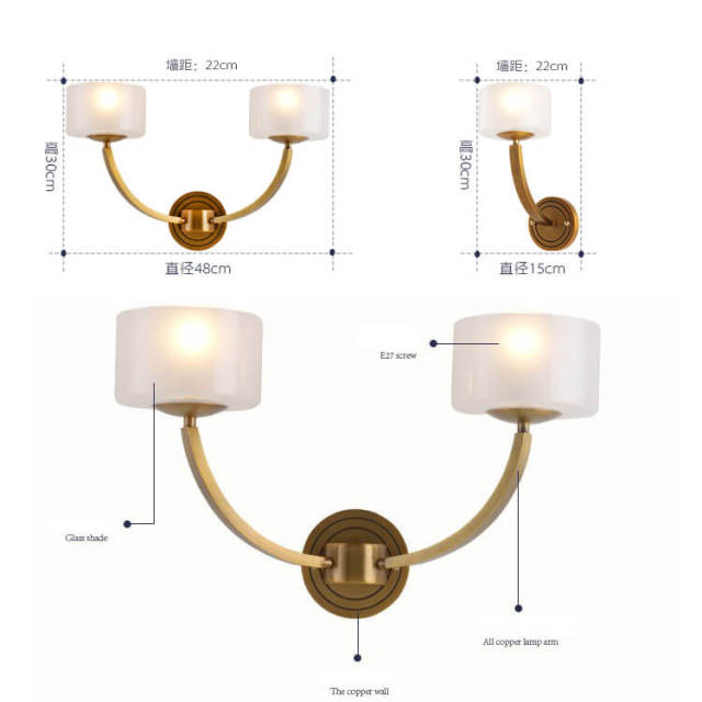 Modern Pure Copper Bedroom Bedsides Wall Lights Glass Shade Study Room Wall Sconces Stair Case Villa Hallway Porch Wall Lighting Fixtures