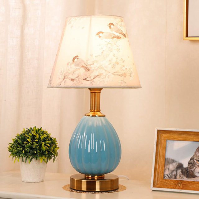 OOVOV Ceramics Table Lamp-Fashion Desk Lamp with Fabric Lamp Shade for Living Room Study Room Bedroom Button Switch E27