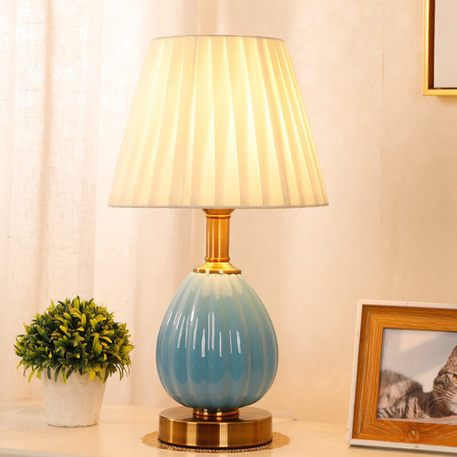 OOVOV Ceramics Table Lamp-Fashion Desk Lamp with Fabric Lamp Shade for Living Room Study Room Bedroom Button Switch E27