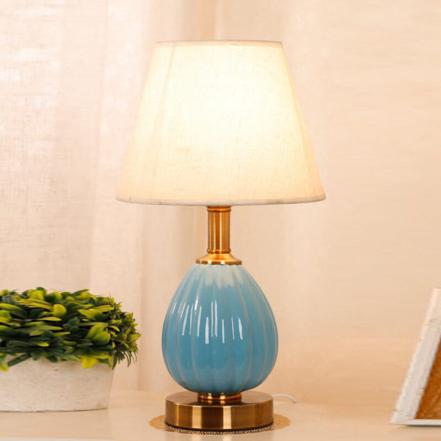 OOVOV Ceramics Table Lamp-Fashion Desk Lamp with Fabric Lamp Shade for Living Room Study Room Bedroom Button Switch E27