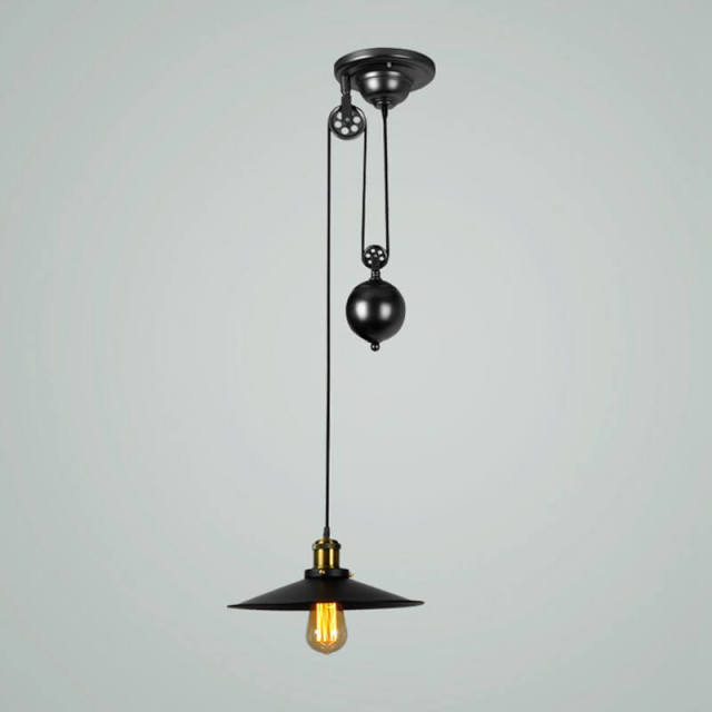 OOVOV Pendant Light Industrial Pulley One Light Adjustable Height Industrial Black Ceiling Hanging Light Indoor Island Lamp for Dining Living Room Ki