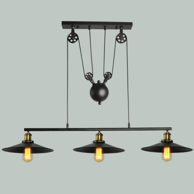 OOVOV Pendant Light Industrial Pulley One Light Adjustable Height Industrial Black Ceiling Hanging Light Indoor Island Lamp for Dining Living Room Ki