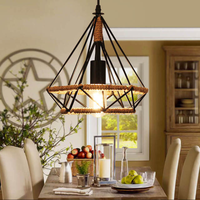 Industrial Black Diamond Frame Restaurant Pendant Light Home Loft hemp rope Dining Room Vintage hanging Lamp suspension Fixtures