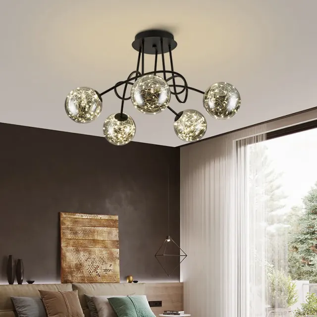 OOVOV 5 Lights Semi Flush Mount Ceiling Light Ceiling Light Fixture with Oil Rubbed Black Finish Grey Glass Lampshade for Dining Room Living Room B