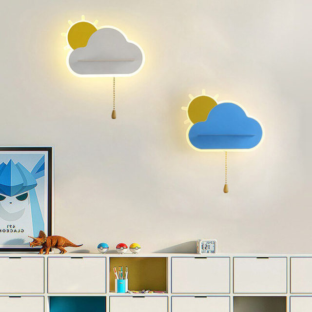 OOVOV LED Wall Night Lamp for Kids 15W LED Cloud Wall Sconce Fixture with Shelf for Children Girls Boys Bedroom Decoration Pull Switch