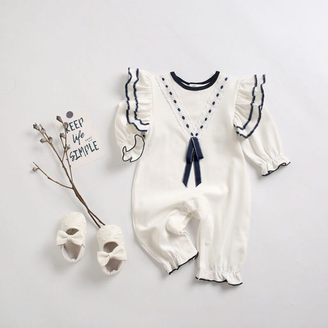 OOVOV Baby Girls Romper,Cute Newborn White Cotton One Piece Jumpsuit,Long Sleeve Snap-button Placket One-size Bodysuit
