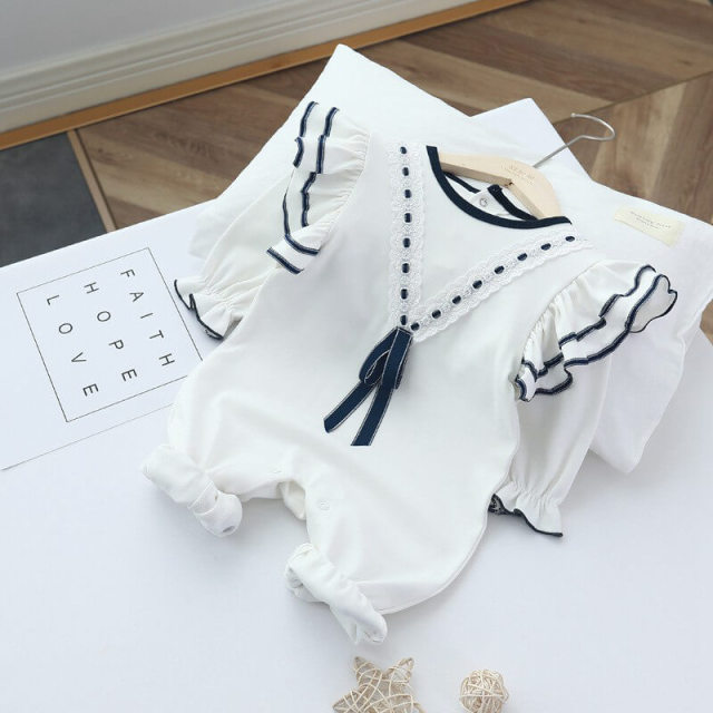 OOVOV Baby Girls Romper,Cute Newborn White Cotton One Piece Jumpsuit,Long Sleeve Snap-button Placket One-size Bodysuit