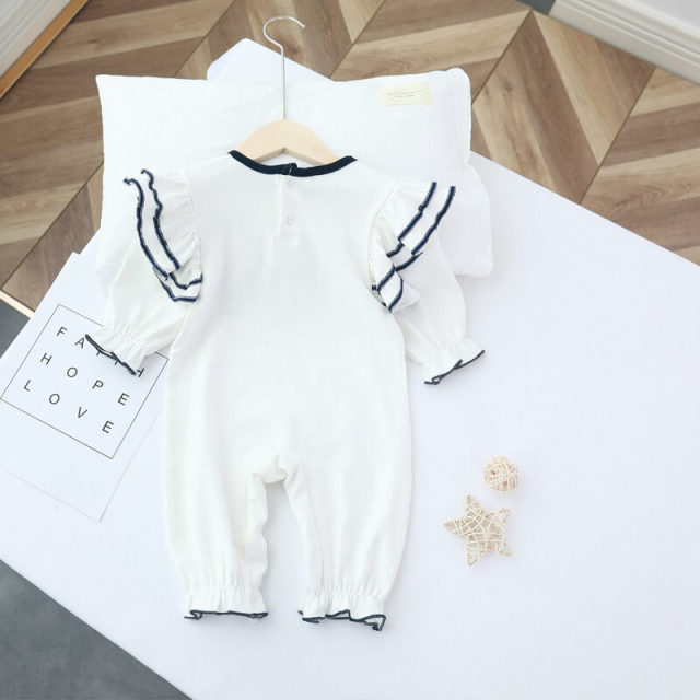 OOVOV Baby Girls Romper,Cute Newborn White Cotton One Piece Jumpsuit,Long Sleeve Snap-button Placket One-size Bodysuit