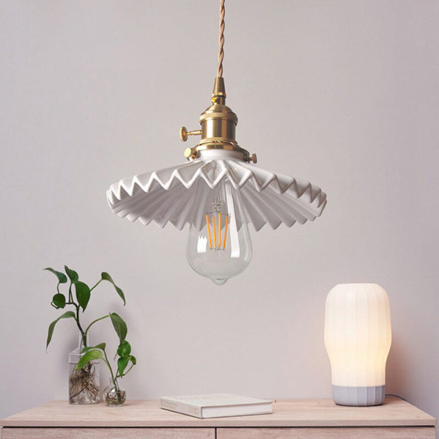 OOVOV Ceramics Pendant Lamp Kitchen Mini-Pendant Light Hanging Adjustable Braided Cord Copper Holder Industrial Island Lighting Fixture Indoor for Din