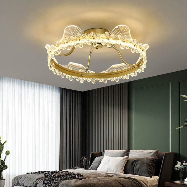 OOVOV Gold Crystal Ceiling Lamp Round K9 Crystal Ceiling Light Fixtures Crown Lighting for Children Room Bedroom Restaurant LED Natural Light Sources