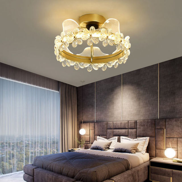 OOVOV Gold Crystal Ceiling Lamp Round K9 Crystal Ceiling Light Fixtures Crown Lighting for Children Room Bedroom Restaurant LED Natural Light Sources