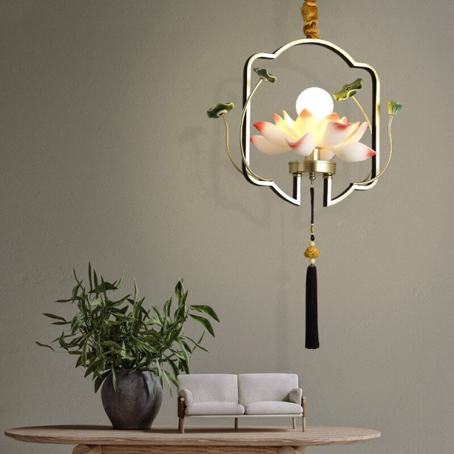 OOVOV 1-Light Pendant Light Chinese Style Lotus Flower Hanging Ceiling Lamp Retro Lighting Fixture and Decoration for Living Room Bedroom Dining Room