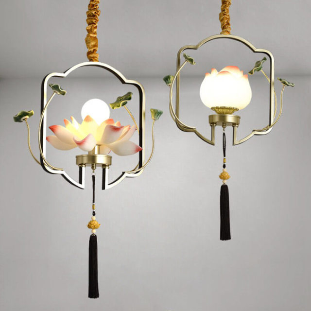 OOVOV 1-Light Pendant Light Chinese Style Lotus Flower Hanging Ceiling Lamp Retro Lighting Fixture and Decoration for Living Room Bedroom Dining Room