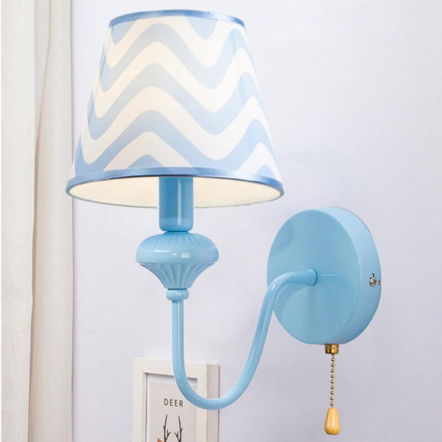 OOVOV Children Wall Light Cartoon Wall Lamp With Blue Fabric Lampshade for Bedroom Living Room Boy Girl Room Lighting Indoor with Rope Switch