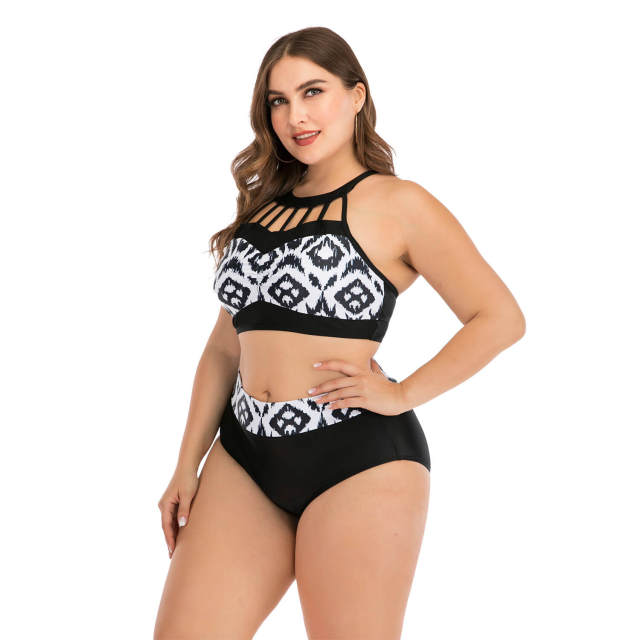 Sexy High Waist Bikini Women Black &amp; White Print Swimsuit Plus Large Size Bikini Set Two Pieces Cross Back Triangle Beach Wear Swimming Beach Suit