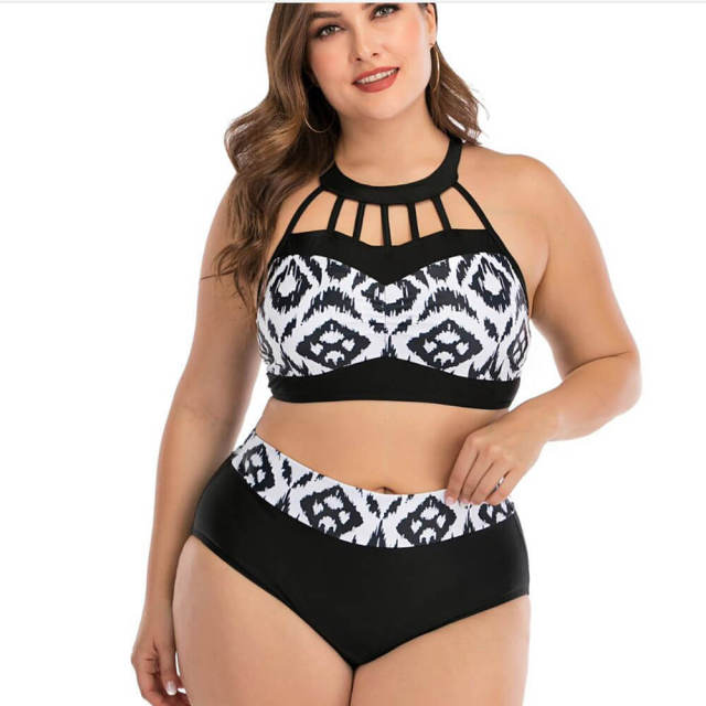 Sexy High Waist Bikini Women Black &amp; White Print Swimsuit Plus Large Size Bikini Set Two Pieces Cross Back Triangle Beach Wear Swimming Beach Suit