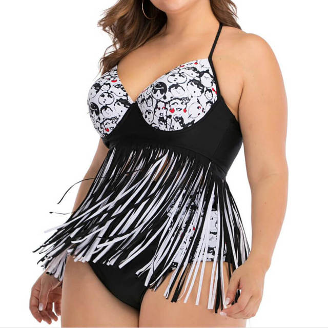 Tassel Swimsuit Plus Size Women Swim Wear Two Piece Bathing Suit Fringe Tankini Extra Large Patchwork Push Up Beachwear 4XL