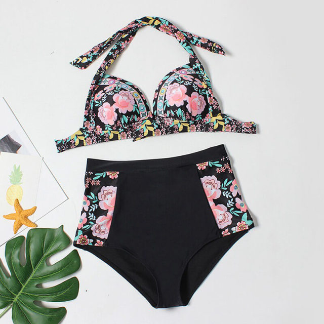 OOVOV High Waist Bikini Set for Women Tummy Control Swimsuit 2 Piece Floral Printed Plus Size Swimwear