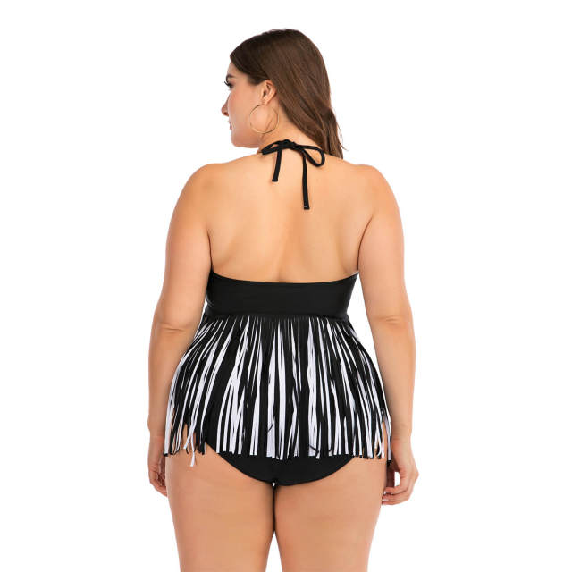 Tassel Swimsuit Plus Size Women Swim Wear Two Piece Bathing Suit Fringe Tankini Extra Large Patchwork Push Up Beachwear 4XL