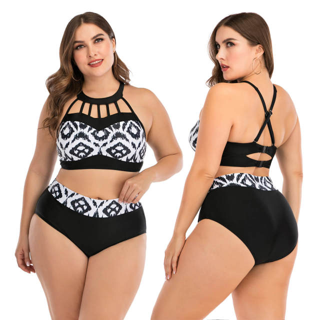 Sexy High Waist Bikini Women Black &amp; White Print Swimsuit Plus Large Size Bikini Set Two Pieces Cross Back Triangle Beach Wear Swimming Beach Suit