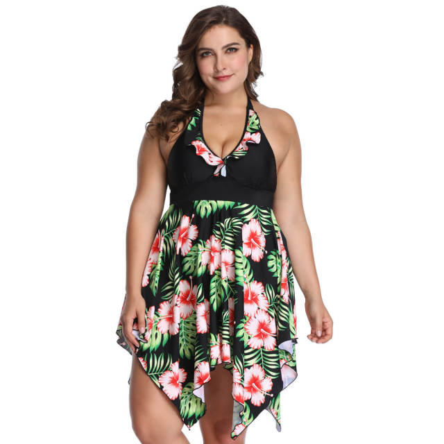 Plus Size Summer Swimsuit Women Beach Sexy Print Irregular Hem Halter Swimming Dress Padded Ladies Swimwear Two Piece Tankini