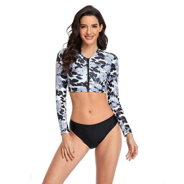 OOVOV Women's Two Piece Swimsuits Zip Up Front Floral Print Long Sleeve Swimwear Women Sexy Stand-up collar Bikini