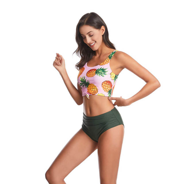 OOVOV Two Piece Womens Bathing Suits Triangle Swim Bottoms Pineapple Printed Halter High Waisted Bikini Swimsuits