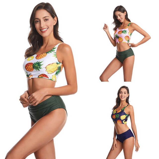 OOVOV Two Piece Womens Bathing Suits Triangle Swim Bottoms Pineapple Printed Halter High Waisted Bikini Swimsuits