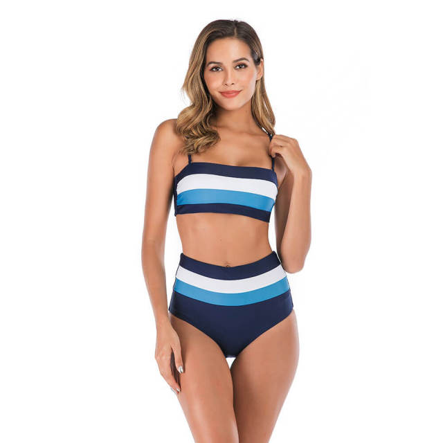 OOVOV Two Piece High Waisted Bikini For Womens,Stripe Printing Halter Bathing Suits Triangle Swim Bottoms Swimsuits