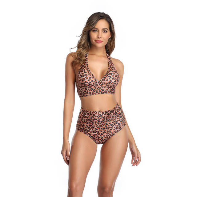 OOVOV Womens High Waisted Swimsuit Tie Up Bikini Top Wrap Leopard Print Swimwear Two Piece Bathing Suits