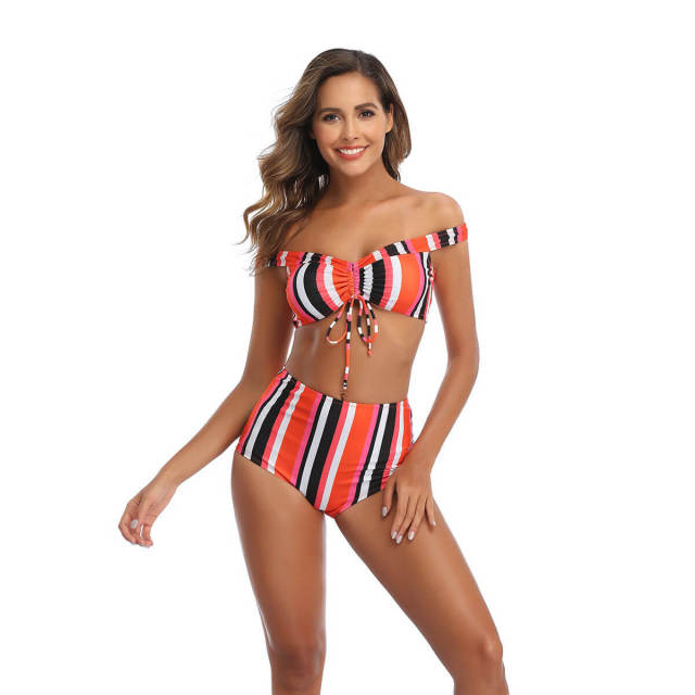 OOVOV Women's High Waisted Bikini Set Swimwear One Shoulder Drawstring Top Swimsuit Stripe Printed Bathing Suit