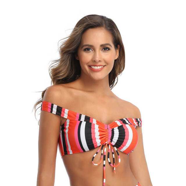 OOVOV Women's High Waisted Bikini Set Swimwear One Shoulder Drawstring Top Swimsuit Stripe Printed Bathing Suit